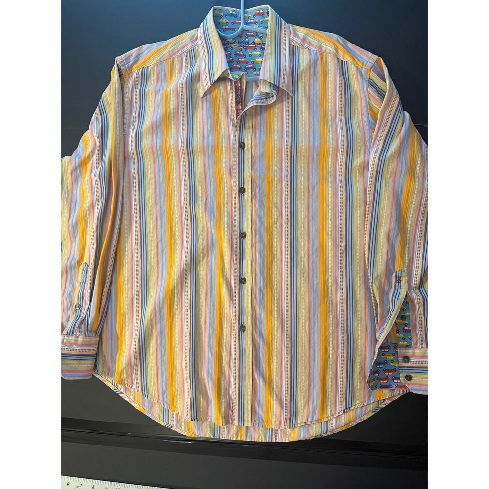 Robert Graham Men’s XL Multicolor Striped Button‑Up –Contrast Lining – Signature